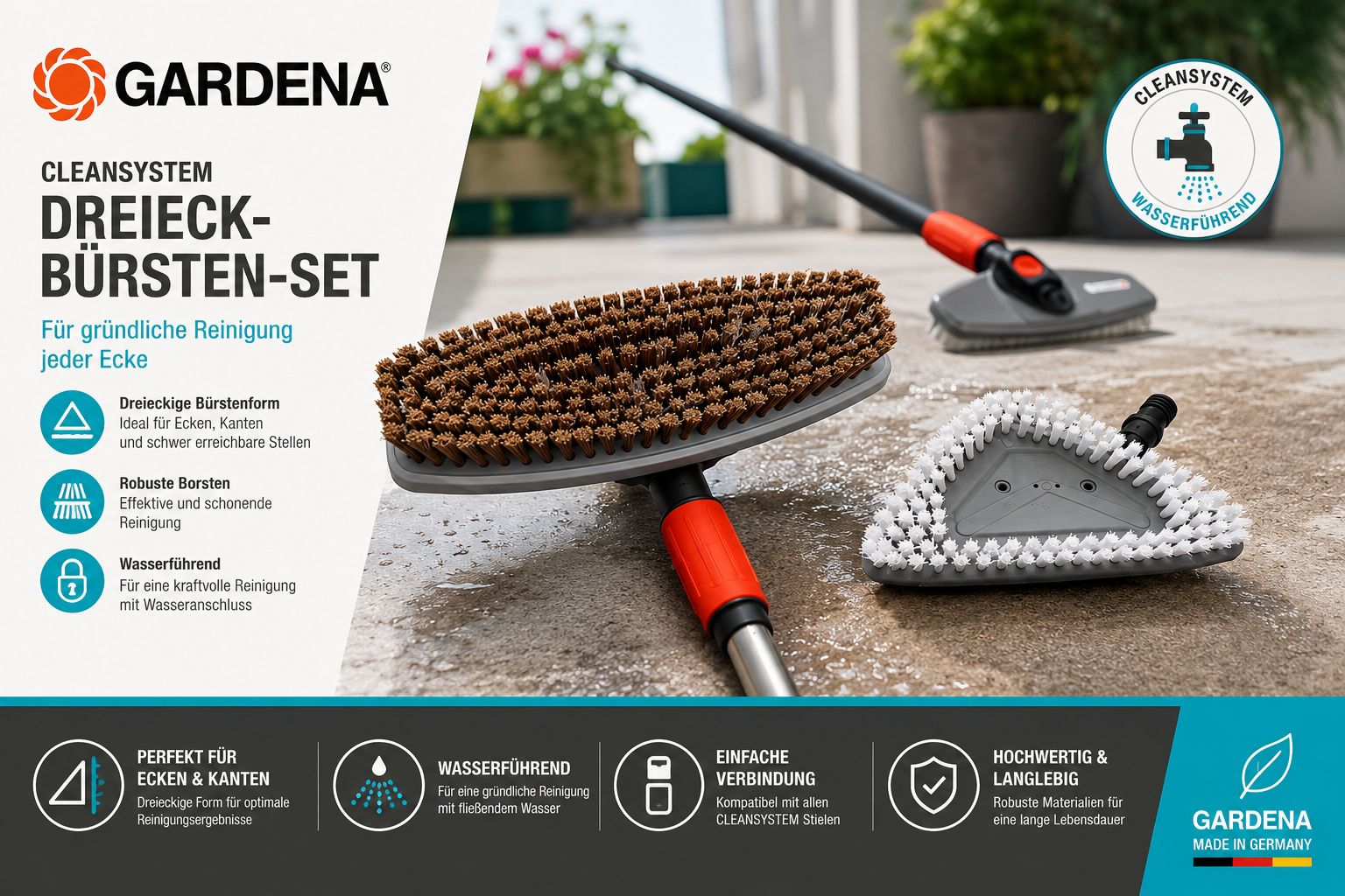 GARDENA Waschbürsten Set 150 cm mit Stiel inkl 2 Bürsten